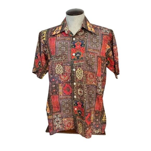 Joe Namath  by Arrow Vintage 1970s Mens Retro Patchwork Print Shirt Large - Picture 1 of 7
